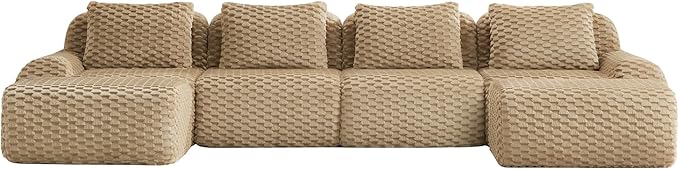 146" U-Shaped Compressed Sectional Cloud Sofa, Flannel Upholstered Modular Deep Seat Sofa with 6 Pieces, Symmetrical Boneless Foam Modular Cloud Couches for Living Room