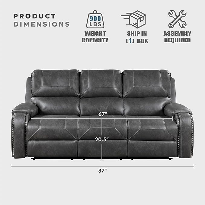 Lexicon Modern Double Recliner Sofa, Faux Leather Reclining Sofa with Nailhead, Center Drop-Down Cup Holders, Receptacles, USB Ports, Manual Recliner Couch Sofa for Living Room/Office/Apartment, Grey