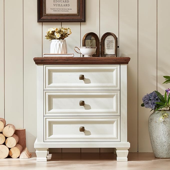 SAVOR LIFE Farmhouse Nightstand with 3 Drawers, Rustic Couch End Table with 4 Square Solid Wood Legs, Mid-Century Modern Bed Side Table with Storage, Small Dresser for Bedroom, Living Room, White - Image 5