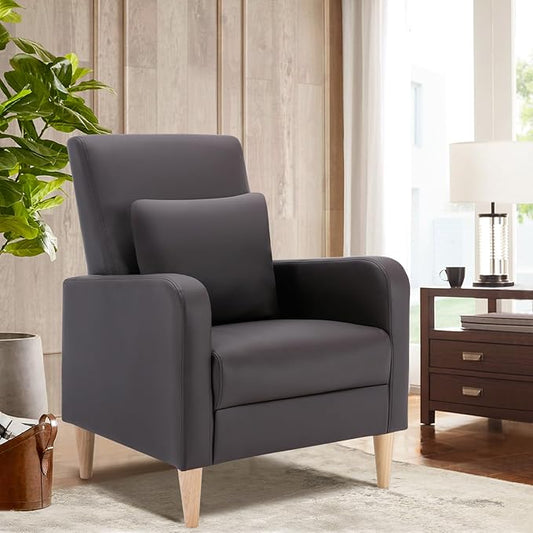 COLAMY Modern Accent Living Room Chairs Set of 2, Upholstered Faux Leather Armchairs Reading Side Chair, Single Sofa with Back Pillow and Wood Legs, Brown