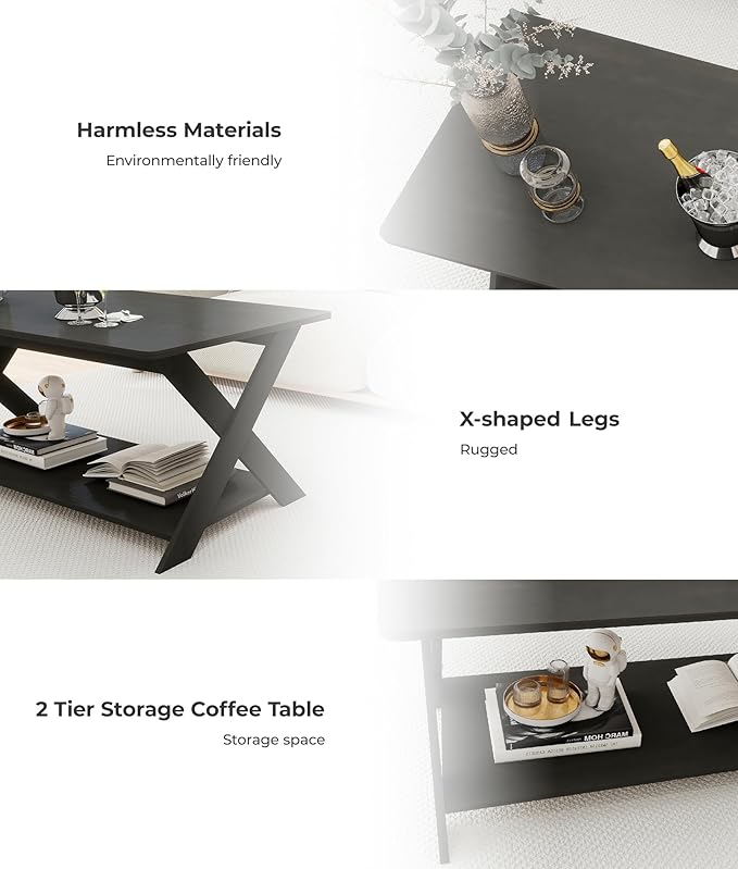 Modern Coffee Table with Storage Shelf, Simple Rectangular Tea Tables for Living Room Bedroom Home Office Black Oak