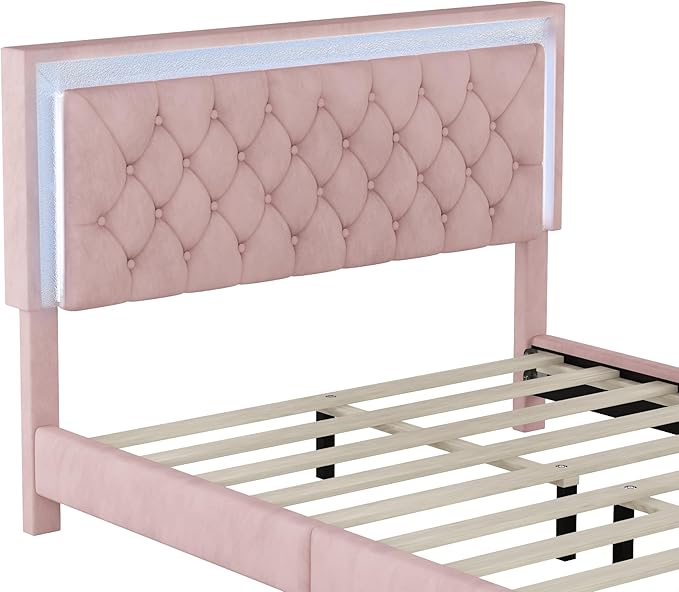 3-Pieces Bedroom Sets, Harper & Bright Designs Queen Size LED Velvet Platform Bed Frame with LED Lights & Tufted Headboard, Wood Slat Support, No Box Spring Needed, Easy Assembly (Pink)