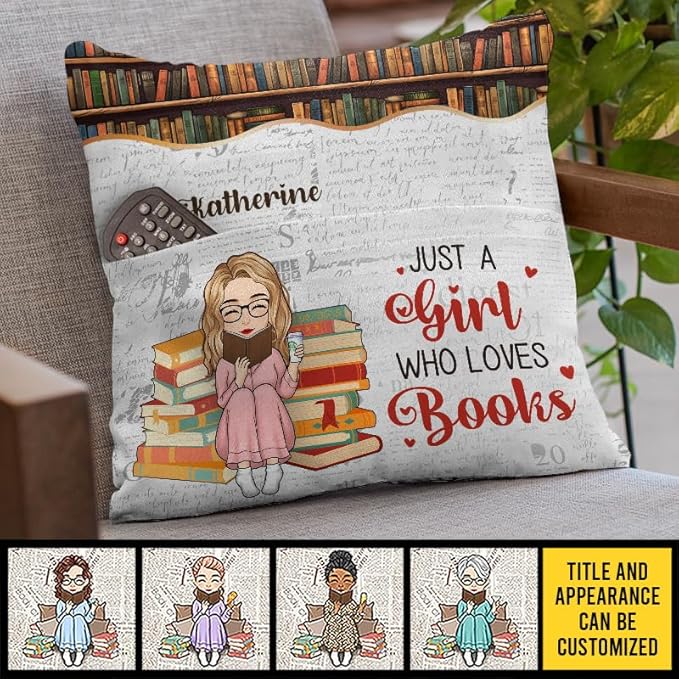 Custom Pocket Pillow, Personalized Bookish Gifts for Book Lovers, Bookworms, Readers, Booknerd, Just A Girl Who Loves Books, Book Club Gifts for Women Readers, Cushion Home Decor Pillow
