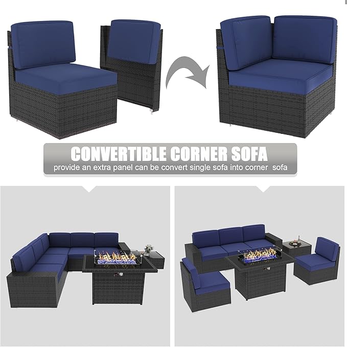 LayinSun 7 Pieces Outdoor Patio Furniture Set with 44" Fire Pit Table Rattan Sectional Sofa Conversation Sets