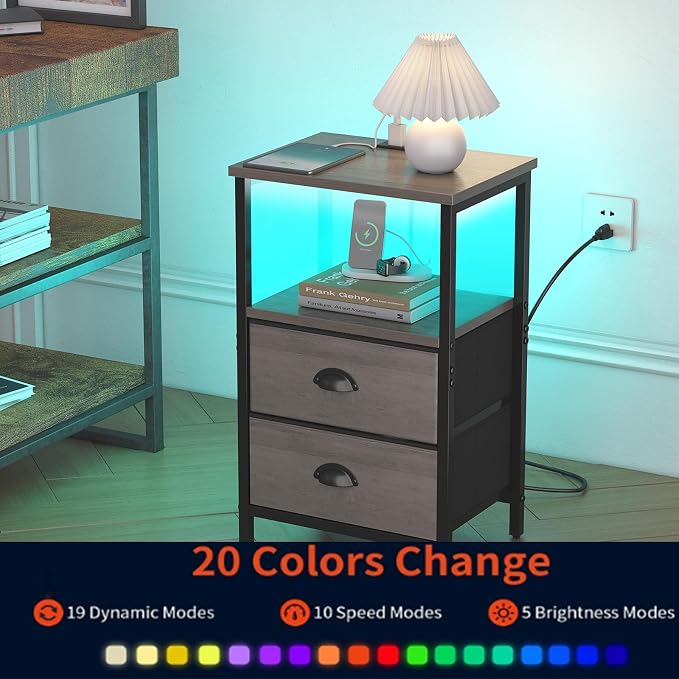 sthmec Nightstand with Charging Station, LED Night Stand with 2 Fabric Drawers, Grey Bedside Tables End Table with Drawers, 2-Tier Storage Side Table Nightstand with Drawers for Bedroom, Grey - Image 6