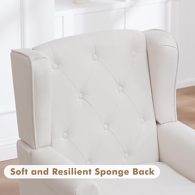 Accent Chair Set of 2, Mid Century Modern Fabric Wingback Chair, Upholstered Armchair with High Back and Vintage Legs, Comfy Single Sofa Side Reading Chair for Living Room Bedroom, Beige