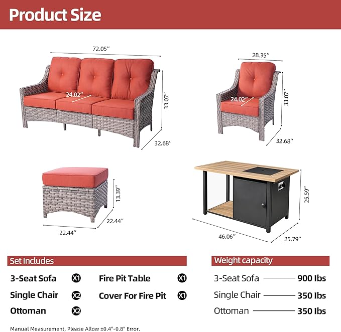 HOOOWOOO 6 Piece Patio Furniture Sets with Fire Pit Table,Outdoor Wicker Furniture Set,All Weather Resistant Outside High Back Rattan Conversation Set for Out Door(Red)