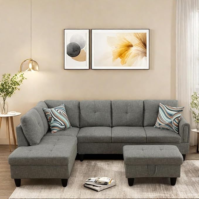 FONTOI L Shaped Sectional Couches, Lounge Modular Sectional Sofa for Living Room Bedroom Furniture, Comfortable 4 Seat Couch with Ottoman Storage & Chaise, Grey