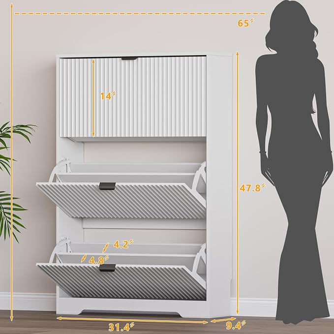BORNOON Entryway Shoe Cabinet with 3 Flip Drawers, Narrow Shoe Organizer Cabinet with Fluted Panel and Adjustable Shelves for Foyer, Hallway - Image 2