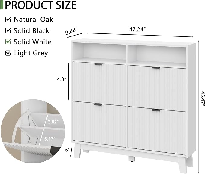 Xixini Shoe Cabinet with 4 Flip Drawers, 46" Tall Narrow Fluted Shoe Storage Organizer for Entryway, Hidden Slim Wooden Shoe Rack Cabinet for Front Door Entrance, Hallway, Living Room, Solid White - Image 2
