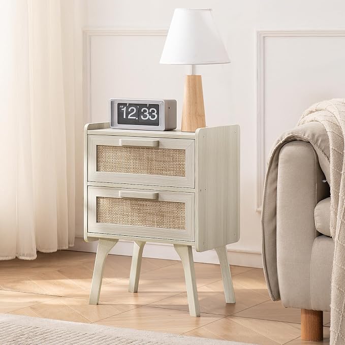 Lerliuo Rattan Night Stand, Boho 2 Drawers Nightstands, Grey White Bed Side End Tables with Solid Wood Legs, Bedside Table for Bedroom, Dorm and Small Spaces - Image 7
