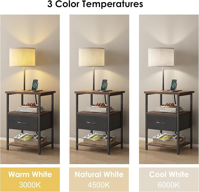 Fixwal Nightstand with Lights Bedside Table with 3 Color Temperatures Bulb, Night Stand with Charging Station End Table with Adjustable Fabric Drawer for Bedroom Dorm - Image 5