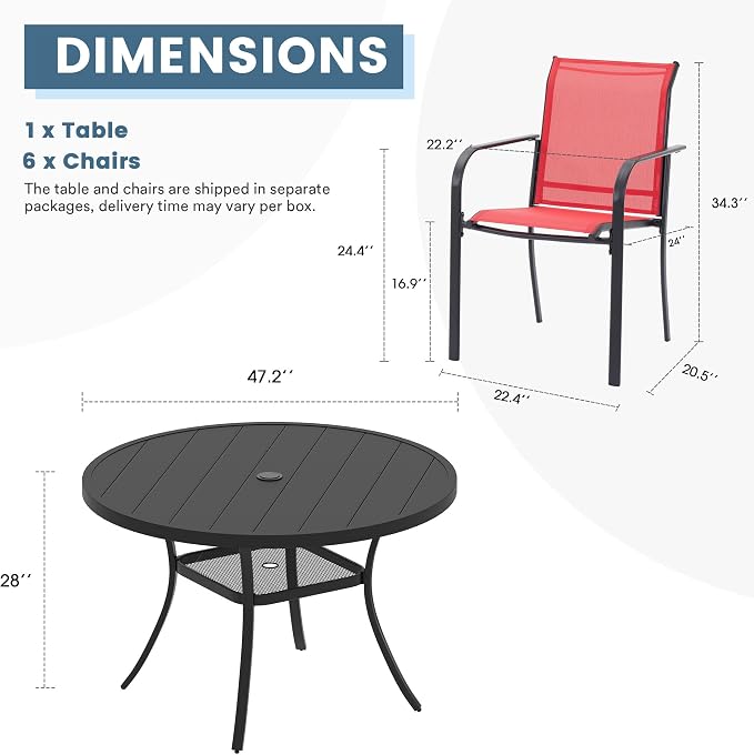 DIFY Outdoor Dining Set for 6, Patio Dining Furniture Set Includes 47.2" Black Round Table with Adjustable Umbrella Hole and 6 Red Stackable Metal Chairs for Poolside, Garden, Backyard - Image 2