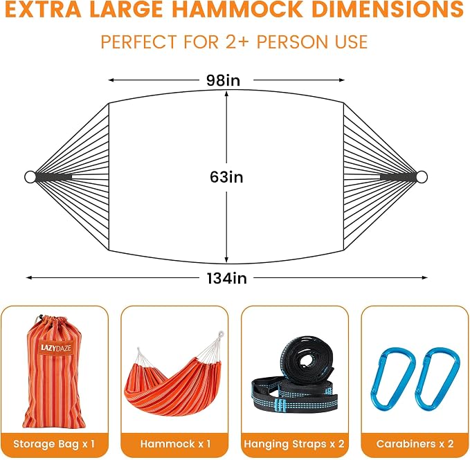 Lazy Daze Hammocks Double Brazilian Cotton Hammock, Extra Large Portable Outdoor Camping Hammock with Tree Straps & Travel Bag for Backyard Patio Poolside Indoor, 550lbs Capacity, Red Stripe - Image 5