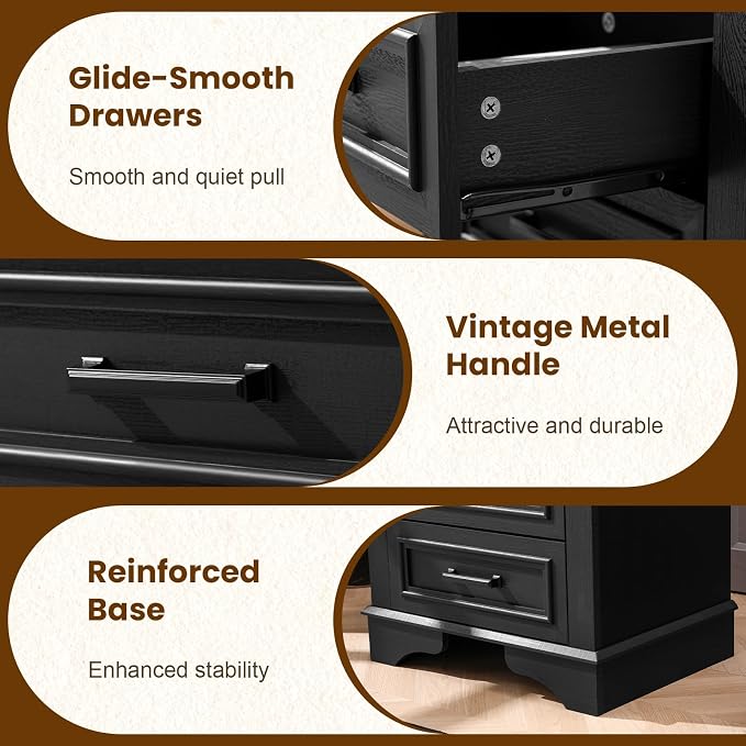 22-Inch Wide Modern Nightstand with Charging Station, End Table with 3 Large Drawers, Simple Design Bedside Table for Bedroom and Office,Black(Single Piece) - Image 5