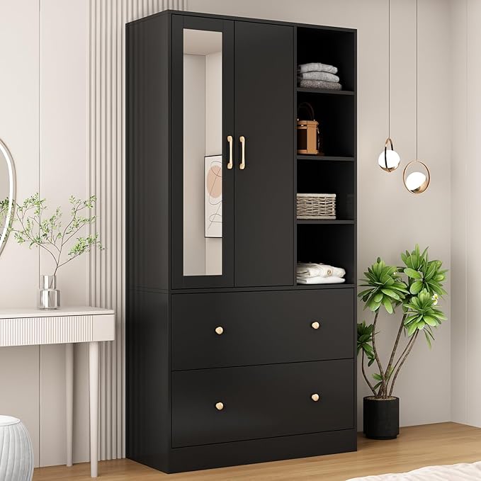 Hitow Wardrobe Armoire Closet with Mirror, 2 Door Wardrobe Cabinet with 2 Drawers & Extendable Hanging Rod, Bedroom Armoire Cabinet Clothes Organizer, Type A Black (35.5" W x 15.8" D x 70.8" H)
