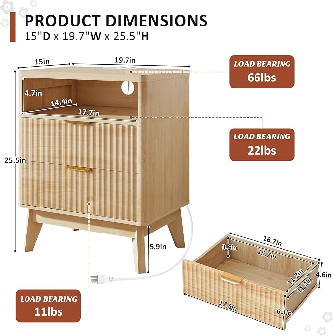 LYNCOHOME Fluted Nightstand with Charging Station, 19.7 inch Wide End Table with 2 Drawers, Modern Wood Bedside Table for Bedroom, Night Stand Set of 2,Natural - Image 2