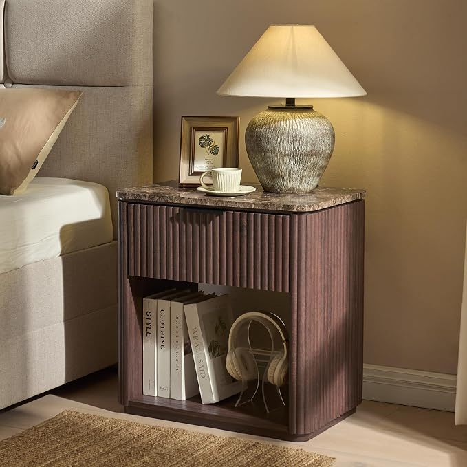 Fluted Nightstand Set of 2, 23" W Night Stand with Drawer, Wood Bed Side Table with Faux Marble-Top, Curved Corner, Metal Handle, Modern Bedside Table for Bedroom, Living Room, Office, Dark Oak - Image 6