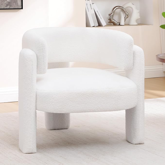 Accent Chair for Living Room, Modern Sherpa Barrel Chair, Upholstered Living Room Chairs with 3 Legs, Comfy Armchair Reading Side Chair for Bedroom, Office, Apartment, White