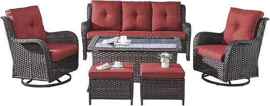 Rilyson Wicker Patio Furniture Set - 6 Piece Rattan Outdoor Sectional Conversation Sets with 2 Rocking Chair,2 Ottoman,1 Sofa and 1 Coffee Table for Porch Deck Garden(Brown/Red)