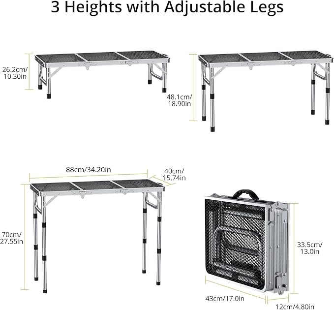 Anbte 3ft Folding Grill Table with Storage Bag, 3 Adjustable Height 27.5" Aluminum Portable Grill Table, Heat Resistant, Lightweight, Portable Handle for BBQ Cooking Camping Travel, 35" X 16", Silver - Image 3