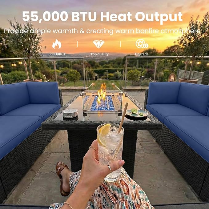 10 Pieces Patio Furniture Set with 44" Propane Gas Fire Pit Table, Outdoor Sectional Wicker Conversation Sofa Sets with Coffee Table