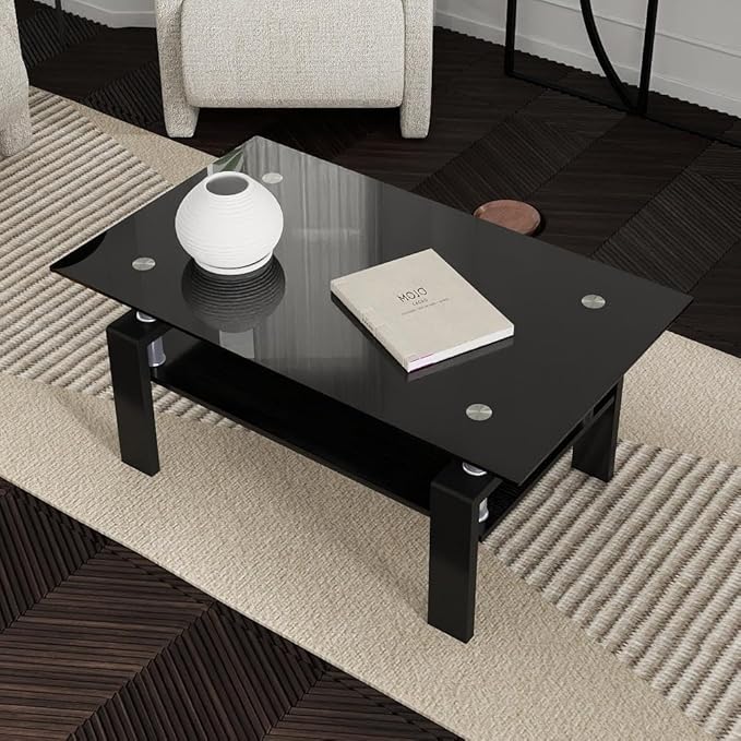 IANIYA Glass Coffee Table, Black Living Room Rectangle Coffee Table with Tempered Glass & Metal Tube, 2 Layers of Storage Space Modern Tea Table Side Table for Waiting Room Small Space