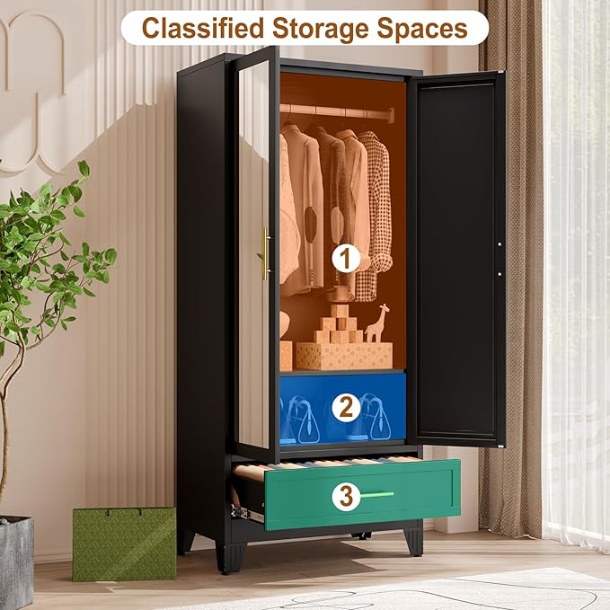 Metal Armoire Wardrobe Closet Storage Cabinet with Mirror Black, 71'' Wardrobe Cabinet with Hanging Rod Metal Closet with Adjustable Shelf and Drawer for Bedroom, Laundry Room, Cloak Room