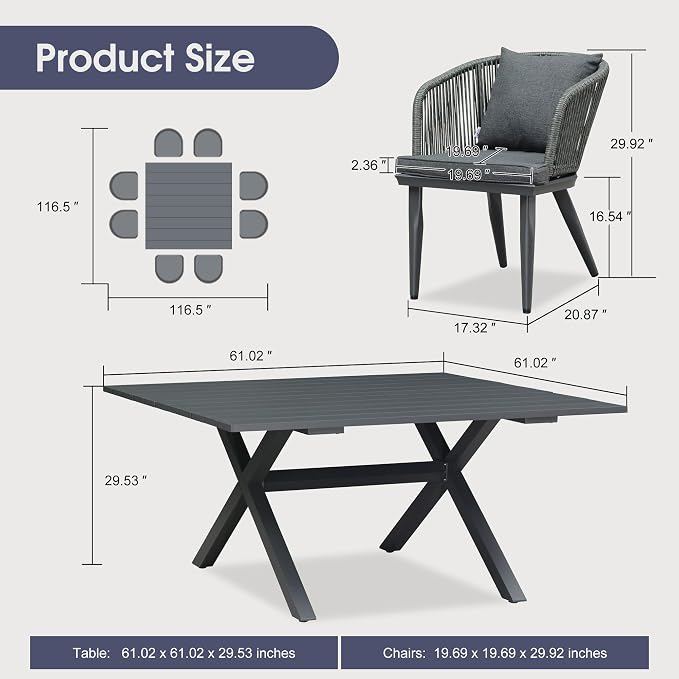 PURPLE LEAF 9 Pieces Outdoor Metal Furniture Set Patio Conversation Sets Dining Set, 1 Square Dining Table and 8 Modern Chairs with Cushions Seat Grey - Image 9