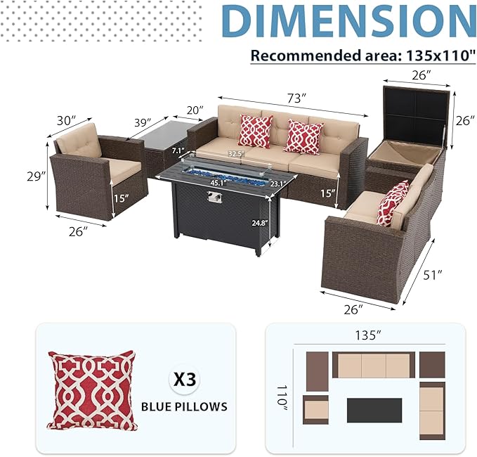 JOIVI 9 Piece Patio Conversation Sets - Wicker Patio Couch Set with Fire Pit, Durable Handwoven Fabric, Fireproof Glass Beads Cover, Storage Box, Great for Romantic Dining & Movie Nights, Brown