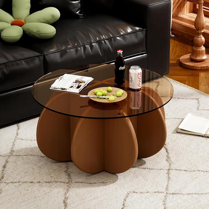 31.5'' Round Glass Coffee Table, Simple & Modern Center Table with Tempered Glass-Top for Small Space, Modern Round Coffee Table for Living Room, Home, Office, Easy Assembly. (Brown + Brown)