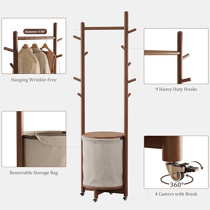 CycleCrew Solid Wood Coat Rack with Fabric Basket - Freestanding Coat Rack Rolling Coat Tree with 9 Hooks Wheels, Small Clothes Rack For Entryway Bedroom Hallway Living Room - Image 8