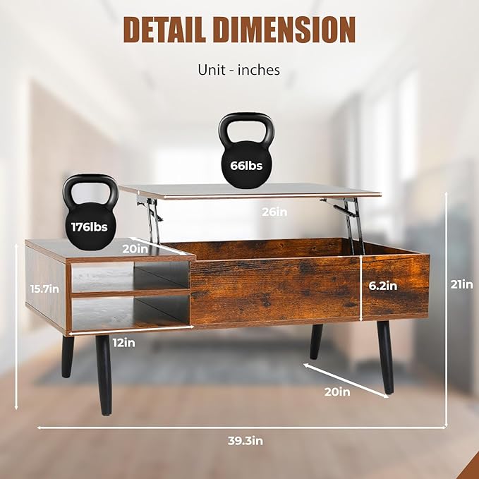 NChanmar Coffee Table for Living Room, Lift Top Coffee Table with Adjustable Storage and Hidden Compartment, Wood Center Table, Living Room Furniture for Home, Office-Brown