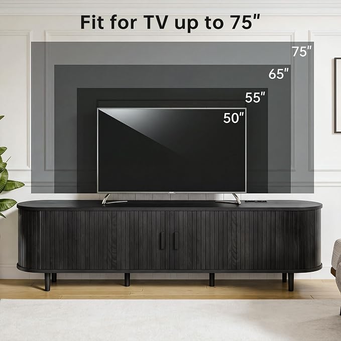 70" Mid Century Modern TV Stand, Wood TV Consoles with Sliding Doors and Power Outlet, Fluted Entertainment Center with Adjustable Shelves, Media Console for Living Room, Black - Image 7