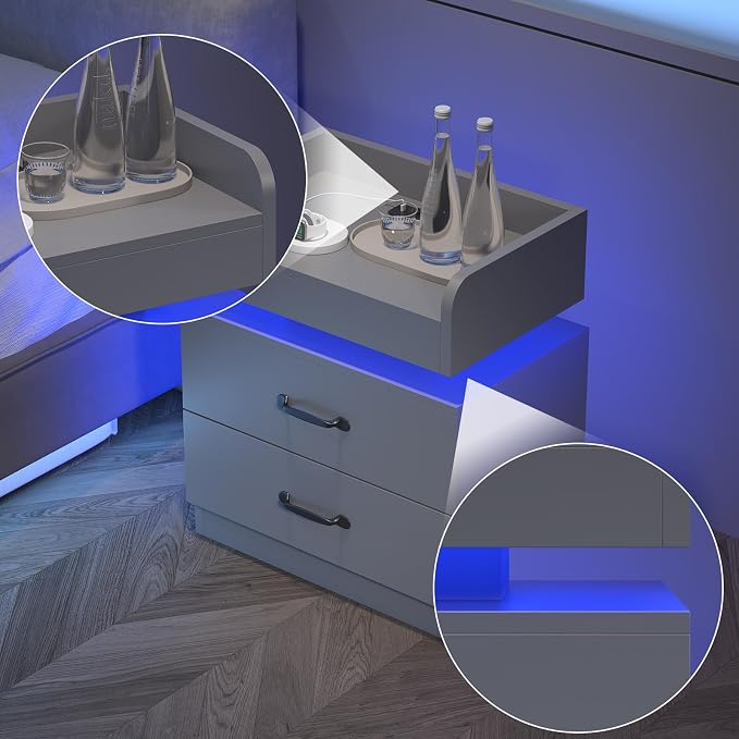 4ever2buy Grey Nightstand with Charging Station and LED Lights Modern Bedside Table with 2 Drawers End Table for Bedroom - Image 8