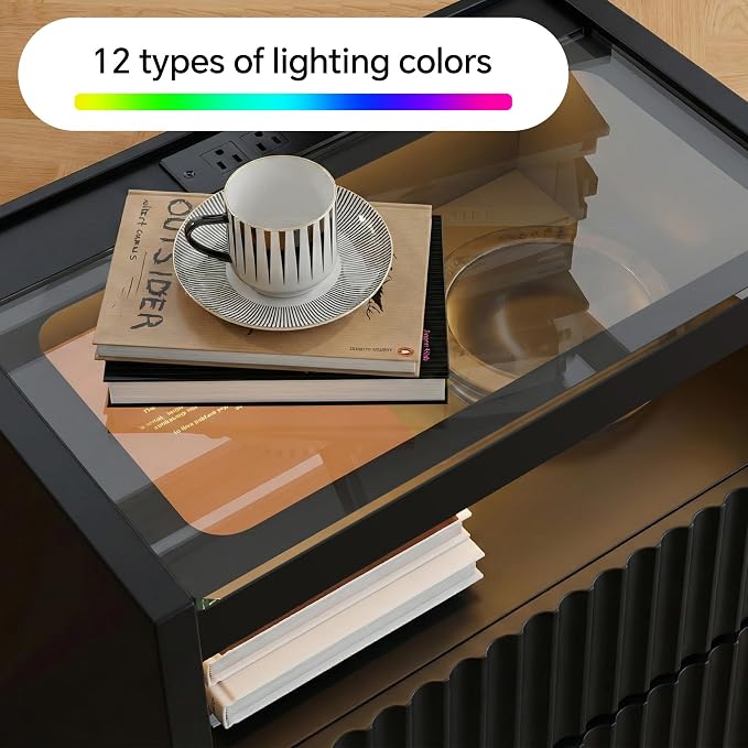 NightStand Set of 2 with Charging Station,with LED Lights and Tempered Glass Panel,Modern Bedside Tablewith 2 Fluted Drawers and Open Shelf,Hidden Handles End Table,Bedroom of Nightstand(Black) - Image 6