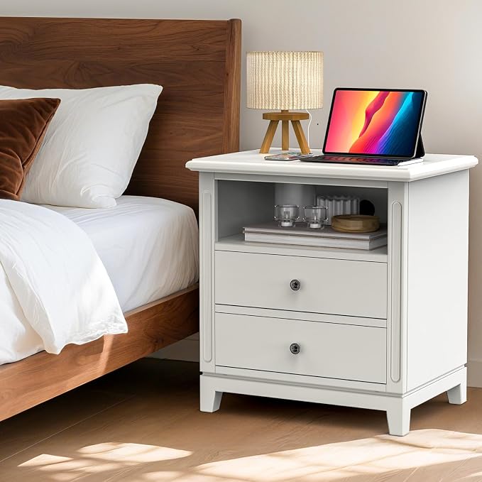 24" Wide Farmhouse Nightstand with Charging Station, Solid Wood End Table with 2 Large Drawers & Open Shelf, Bedside Table with USB Ports and Outlets, Side End Table for Bedroom by Owipaw