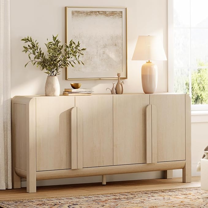 WAMPAT 3 Piece Beige Dresser and Nightstand Set, Modern 63" Wide Dresser Cabinet and Nightstand Set with Charging Station, Wood Storage Closet Chest with Curved Profile Handles for Bedroom
