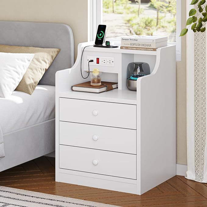 ADORNEVE Night Stand Set 2,White Nightstand with Charging Station & Hutch,Night Stands for Bedrooms Set of 2,Bedside Table with Drawers - Image 4
