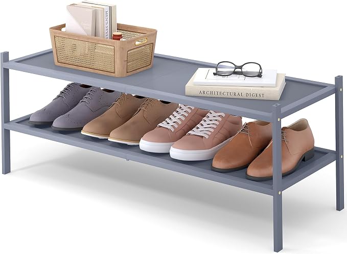 Smiry Bamboo Long Shoe Rack, 2 Tier Shoe Organizer for Entryway & Closet, Stackable Free Standing Storage Shelf for Shoes, Bags & Plants, Grey by Smiry