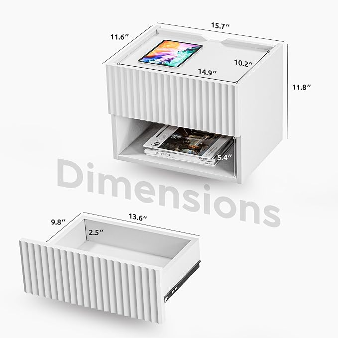 Floating Nightstand Bedroom Bedside Table - Wood Night Stand Set 2 for Small Spaces, Wall Mounted Cabinet with Storage Drawer, White Modern Night Stand for Dorm Hallway Entryway - Image 2