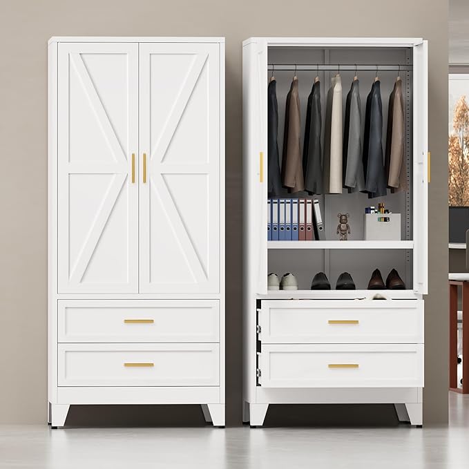 Metal Wardrobe Closet, Armoire Wardrobe with Two Drawers Clothes Cabinet for Bedroom, 71" Tall Farmhouse Steel Armoire Closet with Drawers and 2 Doors Clothing Storage Cabinet with Hanging Rod