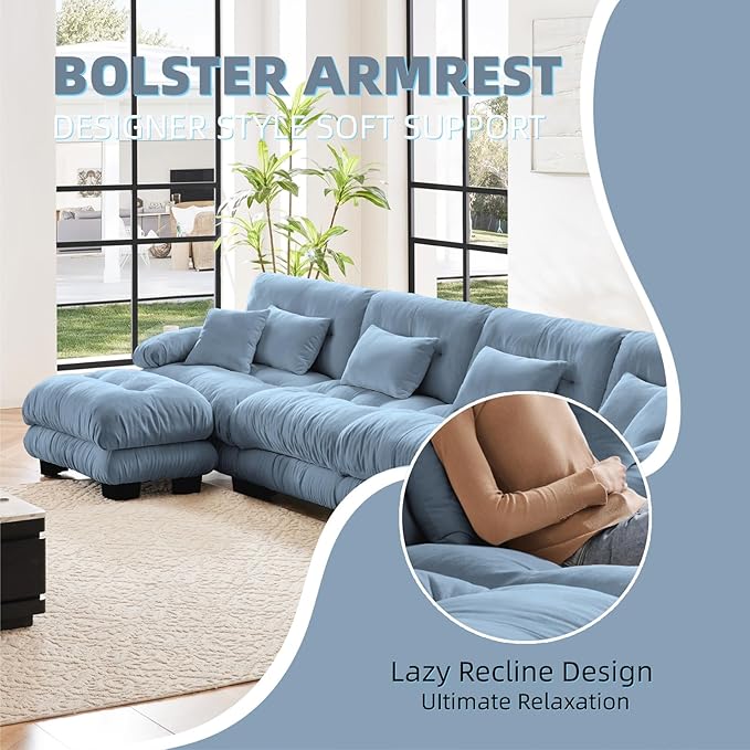 173.2" U-Shaped Cloud Couch, Oversized Modular Sectional Sofa, Deep Seat Cloud Boneless Couch, 4-Seat Modular Sectional Sofa with 2 Ottoman or Living Room,Bedroom and Apartment, Blue