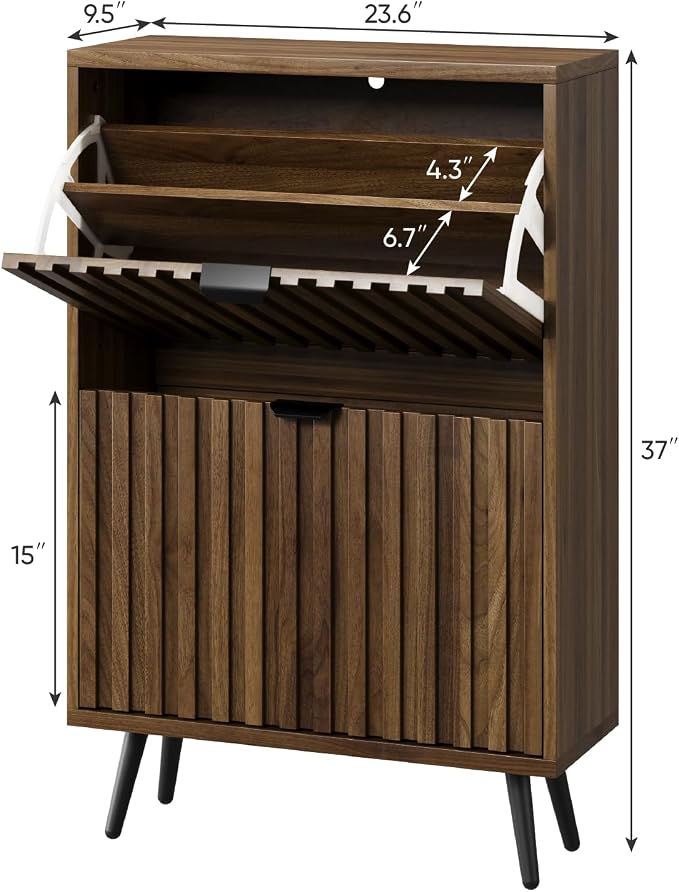 Smuxee Shoe Cabinet with 2 Flip Drawers, 23.6" Walnut Hidden Shoe Storage Cabinet with Fluted Design, Freestanding Shoe Organizer Cabinet for Entryway, Hallway, Closet, Living Room - Image 2