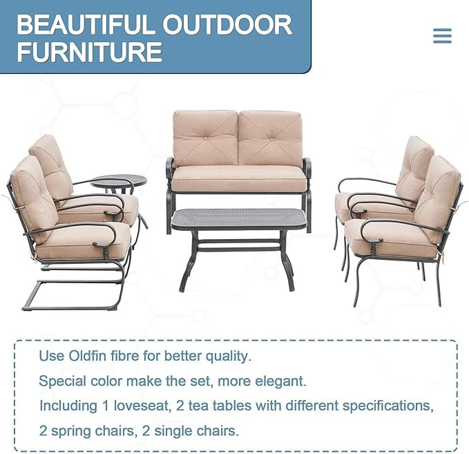 SOLAURA Outdoor Metal Furniture Sets 7-Piece Patio Conversation Set (2 Spring Chairs, 2 Patio Chairs, Loveseat with Coffee Table and Side Table), Brown