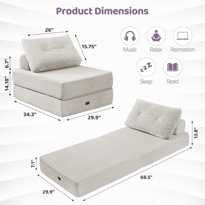 Folding Chair,Sleep Chair with High-Density Support Foam,Portable 3 in 1 Fold Out Chair with Back Support and Pillow for Bedroom、Balcony、Hotel、Apartment,Single,Silver Gray