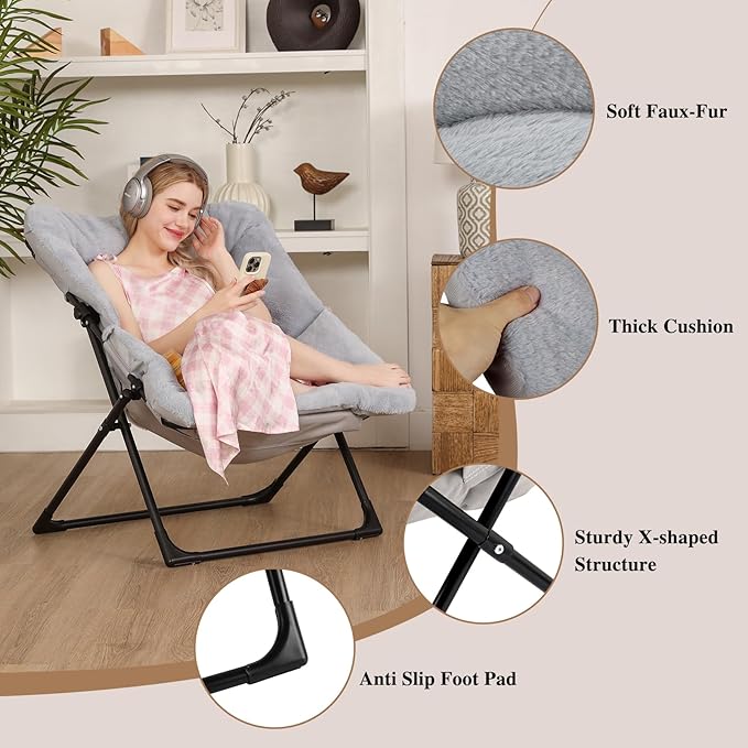 Comfy Saucer Chair for Adults, Soft Faux Fur Bedroom Chair, Accent Dorm Chairs, Flexible Living Room Reading Chairs, Oversized Folding Seat for Teens, X-Large, Grey