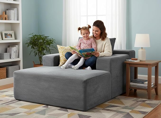 Monroe Convertible Chaise Lounge Chair Indoor – Oversized Corduroy Couch with Wide Armrest & Throw Pillows, Cozy Boneless Sleeper Sofa Bed Armchair, Dark Grey