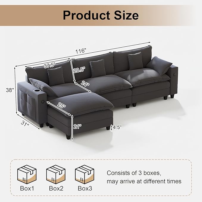 116" Modular Sectional Couch, L Shaped Cloud Couch with Movable Ottoman, Deep Seat Cloud Sofa with Charging Station, Cup Holder, Side Pocket, Chenille Sectional Couches for Living Room, Grey