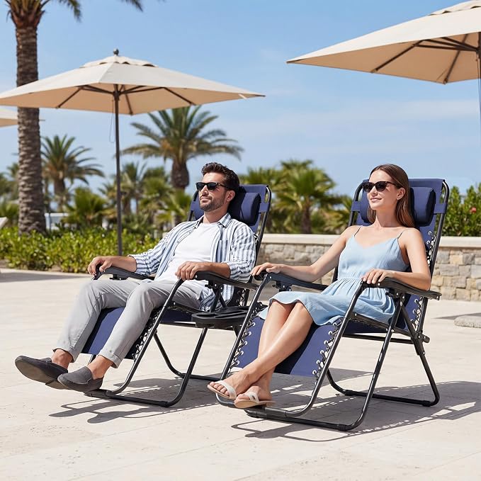 JEAREY Zero Gravity Lounge Chairs Set of 2, Breathable Steel Mesh Lounge Chairs with Head Pillows & Cup Holder Trays, for Patio, Garden, Beach, Purplish Blue - Image 2